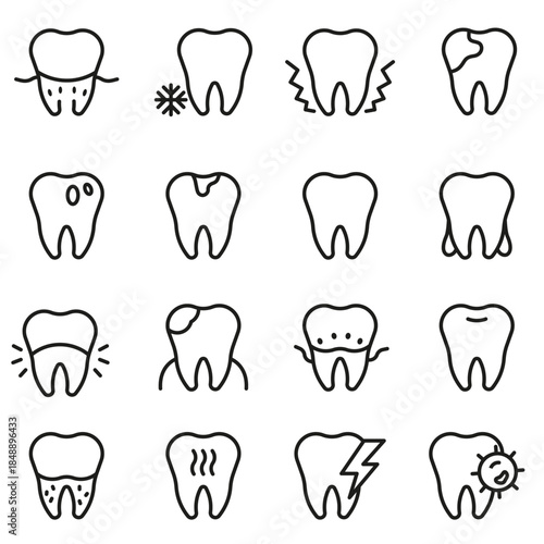 Various dental conditions. A set of linear icons depicting teeth and dental problems.