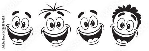 five happy cartoon faces big smiles joyful expressions