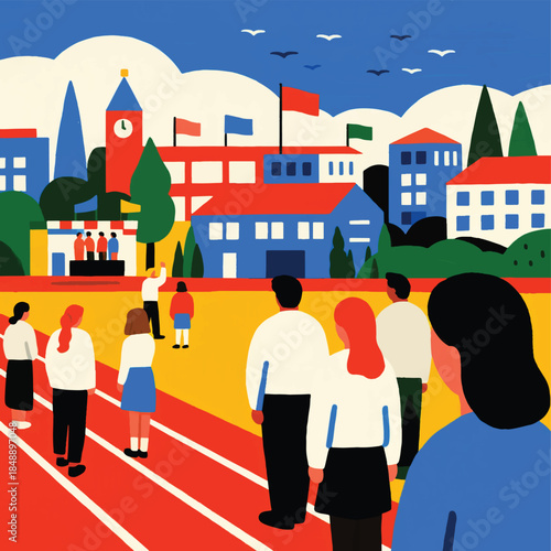 Illustration Of Students Taking Part In Morning Ceremony In The School Yard, School Building And Sky Vector Design Template