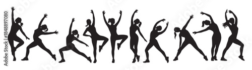 group of dancers performing various stretches and poses