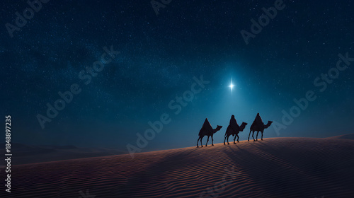 Three wise men riding camels following bethlehem star at night