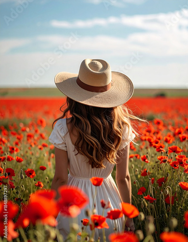 A young woman walks through a field of red wildflowers