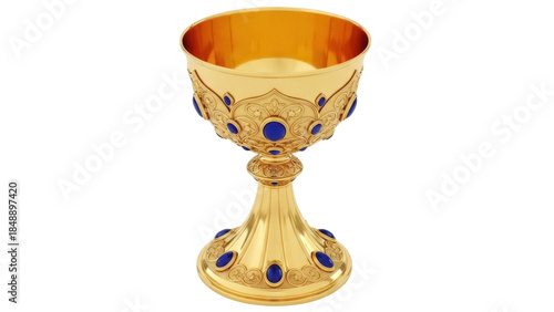 Tableau sur toile Isolated ornamental golden chalice decorated with blue gems, religious and medie