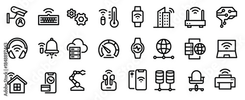 internet of things line icons including chair data watch