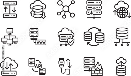 Blue line icon set for data transfer, database, network and hosting concepts in modern vector style.