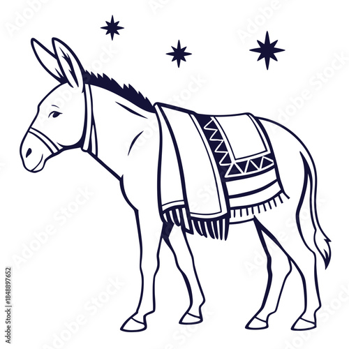 Christmas Donkey Vector Illustration – Festive Nativity Animal, Bethlehem Burro with Saddle Blanket, Holy Night Starry Sky, Hand Drawn Religious Holiday Icon & Manger Scene Character for Xmas Design