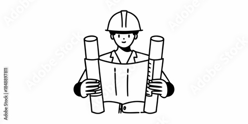 Architect or engineer in hard hat holding blueprints and planning construction project line art vector.