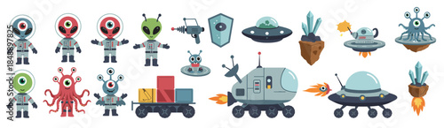 collection of cartoon aliens spaceships and futuristic