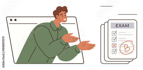 Educator in green shirt discussing test results on computer screen, showing exam sheets with grades. Ideal for remote learning, education, assessment, grading, feedback, online exams, simple flat