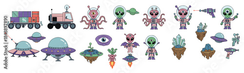  collection of cartoon aliens spaceships and sci fi objects