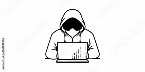 Hooded hacker silhouette working on computer for cyber crime and data theft concept line art vector.