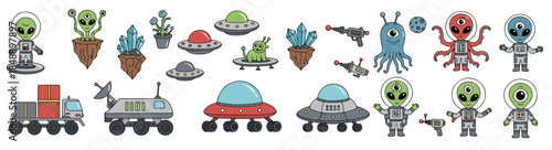 collection of cartoon aliens spaceships and space vehicles