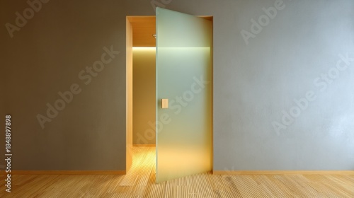 A sleek, frosted glass door stands ajar, leading into a tranquil room. The warm glow highlights the natural wood flooring, creating a peaceful atmosphere