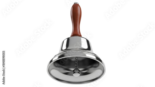 Silver school bell with wooden handle isolated PNG, classic metal handbell for education or holiday celebration on transparent background