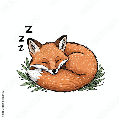 A cartoon fox curled up asleep, surrounded by leaves with "Z" symbols above its head