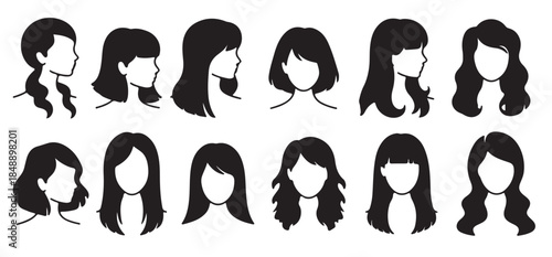 diverse female hairstyles and profiles silhouette black