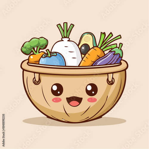 Charming illustration of a basket overflowing with fresh, vibrant vegetables and a smiling face, perfect for healthy eating themes