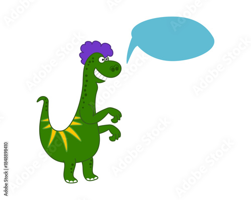 Very funny green dinosaur with blue chat bubble on white background - vector
