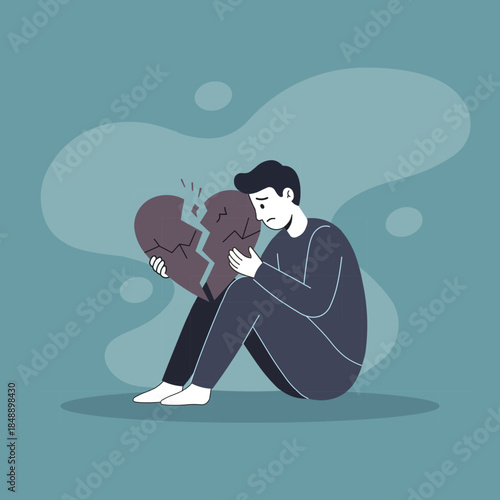 Illustration of a Lonely Man Sits With Broken Heart, Feeling Sad, Isolated, And Emotionally Struggling. Mental Health Edition. Element design. Clip art. Vector illustration. Suitable for any design.