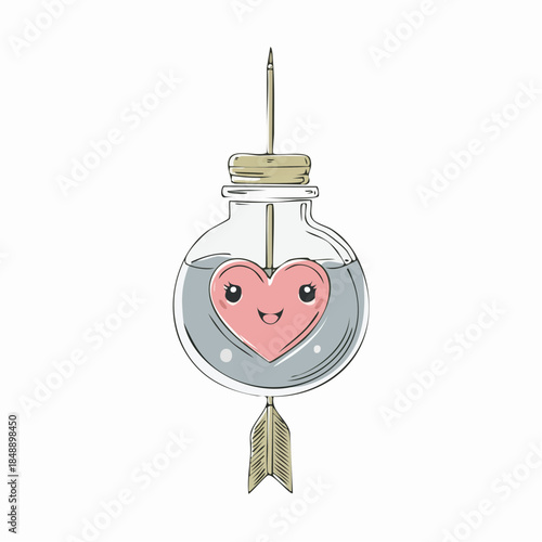Charming illustration of a cute bottle with a heart inside and an arrow piercing it, perfect for love-themed designs