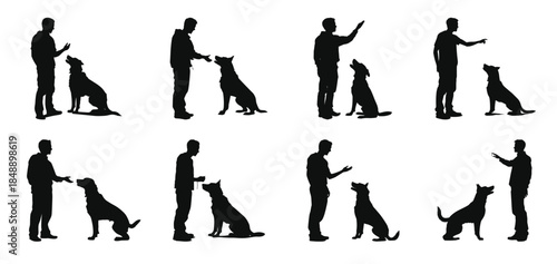 dog trainer silhouettes black vector set a man training a