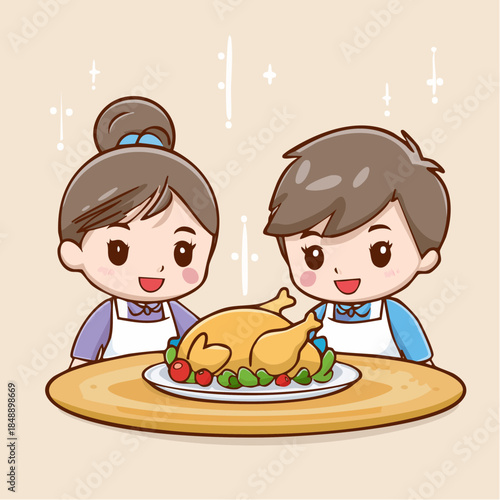 Charming cartoon boy and girl in aprons proudly present a delicious golden roasted chicken on a platter, celebrating the joy of home cooking and festive family meals
