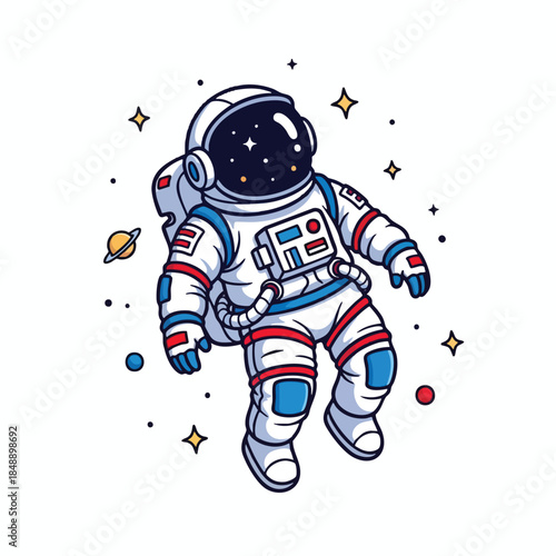 Cartoon astronaut in space suit floating among stars, planet, and cosmic elements