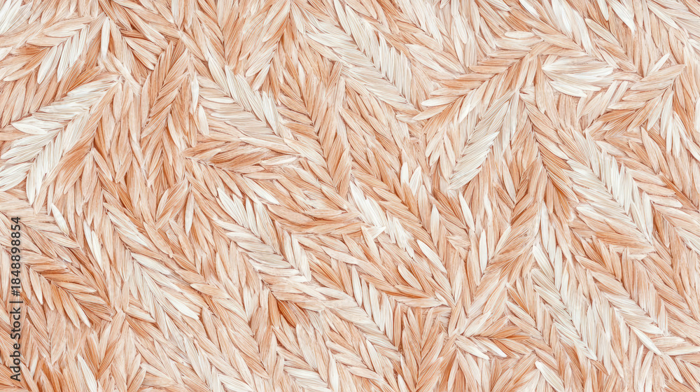 Fototapeta premium Abstract background of intricately woven natural fibers, showcasing captivating pattern of light brown and cream-colored raffia strands for serene and organic texture