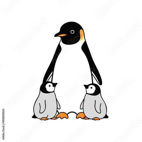 Cartoon penguin family, with one parent above and two chicks below, all in simple design