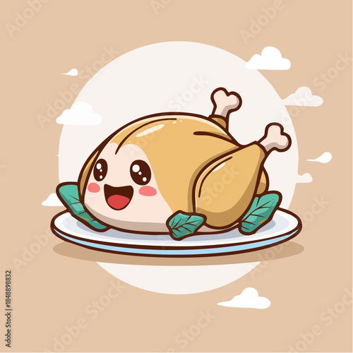 Whimsical illustration of a smiling roasted chicken served with fresh greens, a charming and appetizing graphic perfect for family dinners and festive occasions and culinary themes