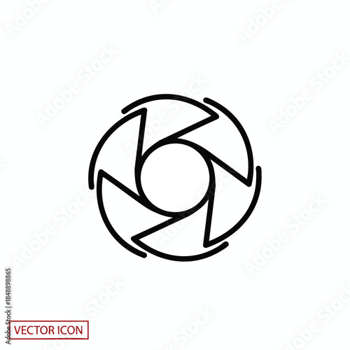Simple black outline icon of a camera aperture, with blades arranged in a circle