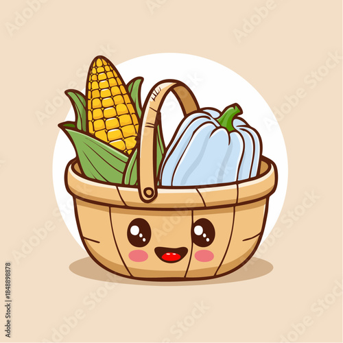 Cute cartoon illustration of a happy wooden harvest basket brimming with a golden corn cob and a unique blue squash, perfect for autumn seasonal designs and wholesome food concepts