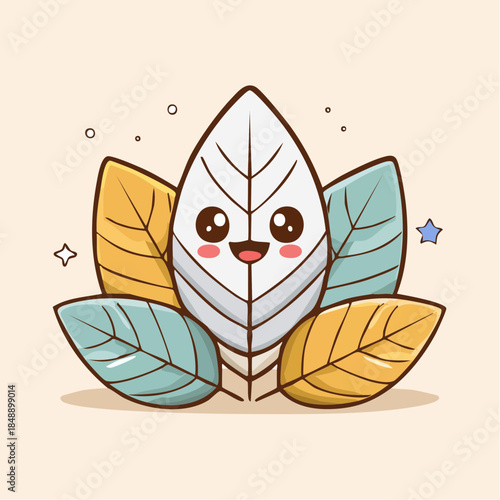 Adorable cartoon leaf character smiling happily amidst a vibrant cluster of stylized foliage, depicting a cheerful and friendly nature scene perfect for whimsical designs and eco-friendly concepts