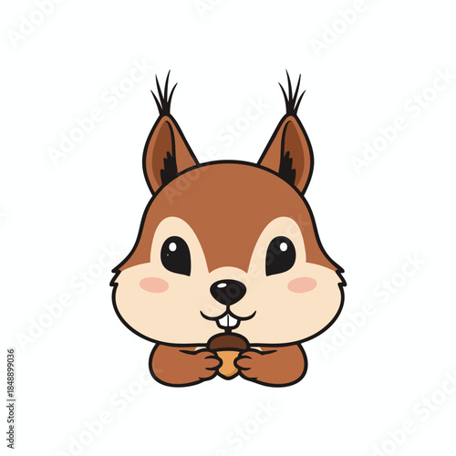 Cartoon squirrel with big eyes, holding a nut, depicted in a flat style