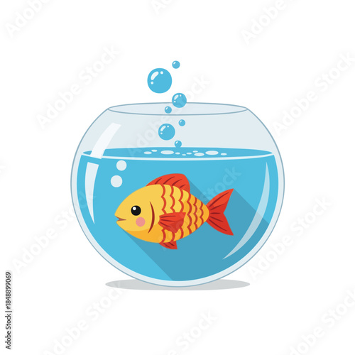 A cartoon goldfish swims in a glass bowl filled with blue water and bubbles