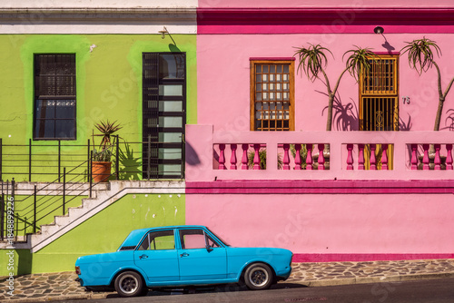 The colorful of house on BO-KAAP district , The city center of Cape Town,with the old blue car foreground