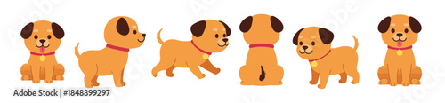 cute puppy character set in playful poses flat art