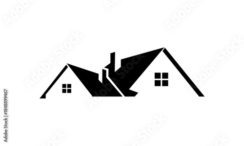 Minimalist black silhouette of a house roofline with windows and chimney.