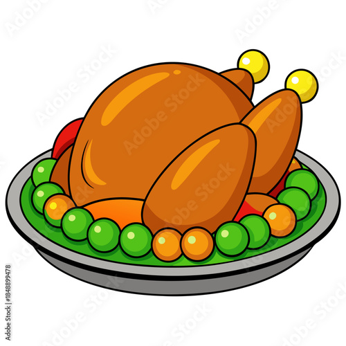 A delicious-looking roasted turkey sits on a platter, garnished with fresh rosemary, bright green peas, and sliced tomatoes.