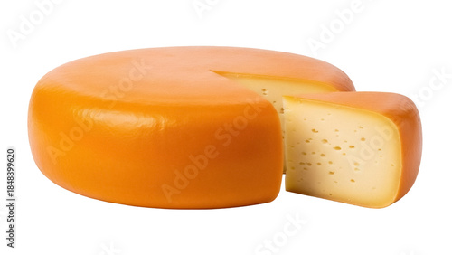 Photos Gouda cheese wheel with a slice isolated PNG, delicious dairy product on transpa