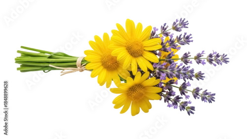 Konstfotografi Isolated yellow daisies and lavender bouquet rests, a bunch of fresh cut flowers