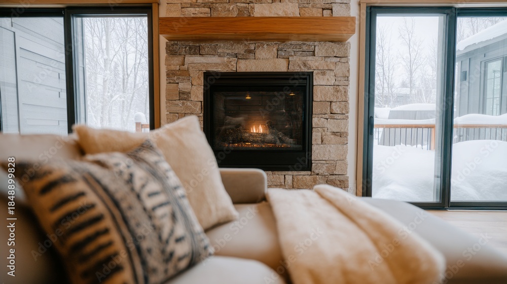 Obraz premium In a stylish living room, a stone fireplace crackles softly while snow gently blankets the outside world. Plush cushions and a soft throw invite relaxation during this serene winter day
