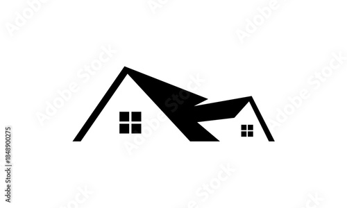 Minimalist black silhouette of two interconnected house roofs with windows.