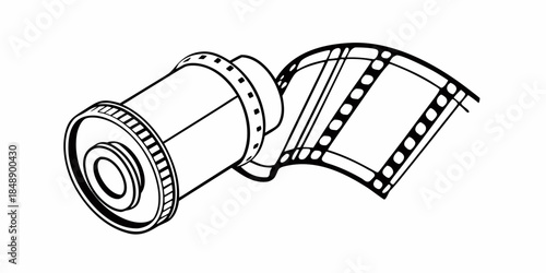 Vintage 35mm camera film roll and analog negative strip line art vector.