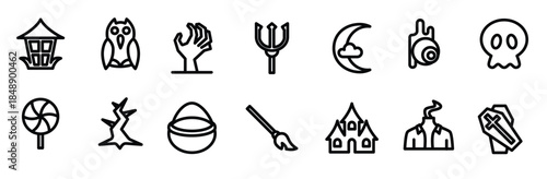 halloween line icons including owl lamp moon trident
