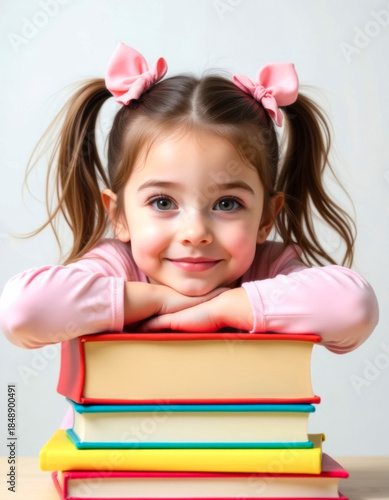 cute little girl with pink bows lying on a stack of colorful books and smiling