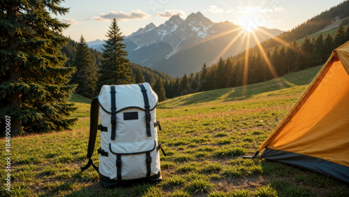 white backpack and a yellow tent against the backdrop of snowy mountains at sunset in nature