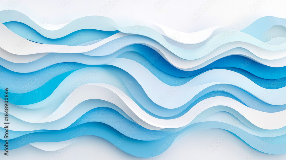 Fototapeta premium Serene Abstract Ocean Waves Background: Beautiful Layered Paper Cut Style Curves in Gradients of Blue and White Create Modern, Flowing, and Calm Design for Digital Art.