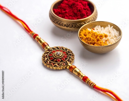 Rakhi thread with gold details, red powder, turmeric and rice on white background, ready for Raksha Bandhan celebration