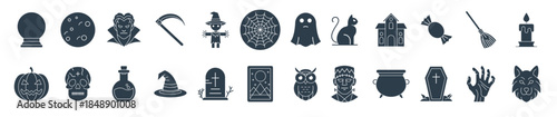 Halloween and attributes icons set, Included icons as pumpkin, witch, vampire, skeleton and more symbols collection, logo isolated vector illustration